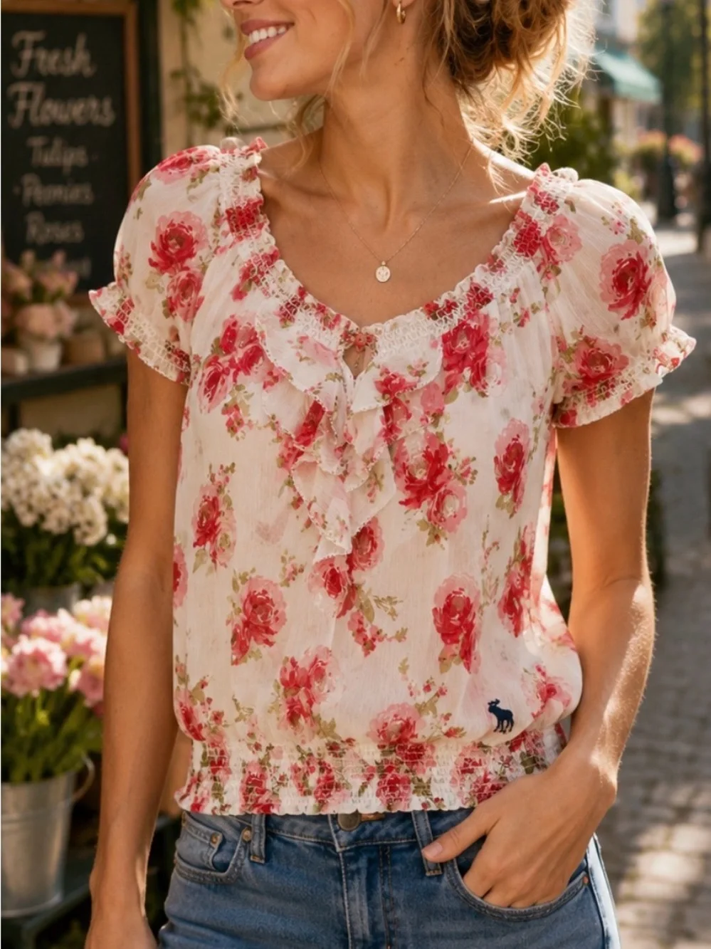 Abercrombie & Fitch Floral Ruffle Sheer Chiffon Smocked Blouse Top S NWOT